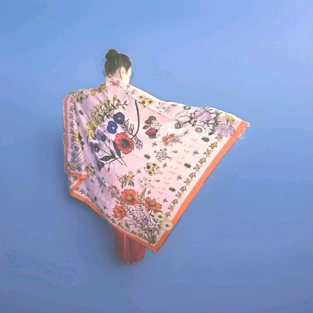 Texas wildflower Silk scarf, bluebonnet Bug Botanical Pink orange Souvenir Large - Picture 2 of 10
